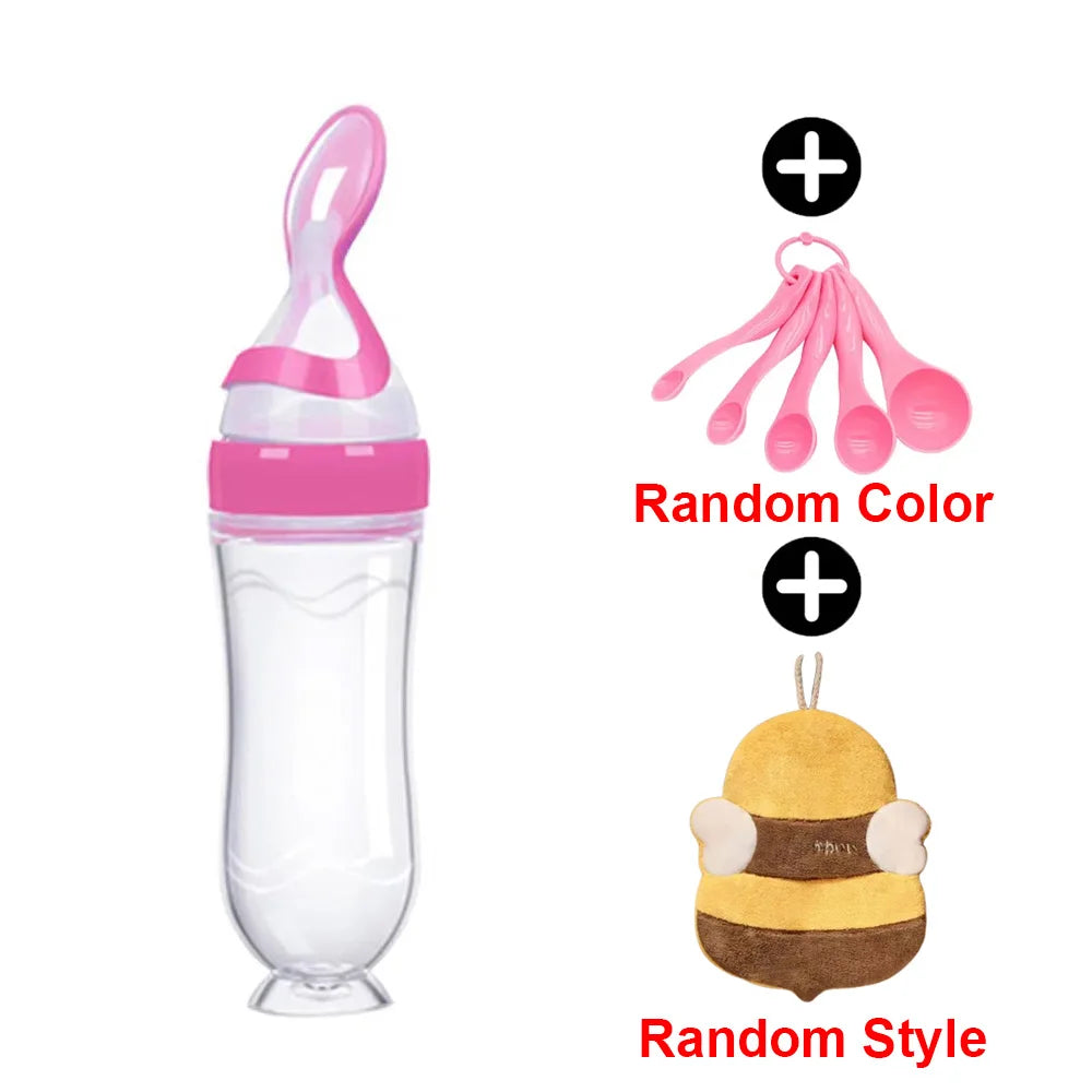 Infant Baby Squeezing Feeding Spoon Baby Silicone Baby Feeding Vegetable Fruit Bottle Baby Dish Scale Spoon & Hand Towel Set