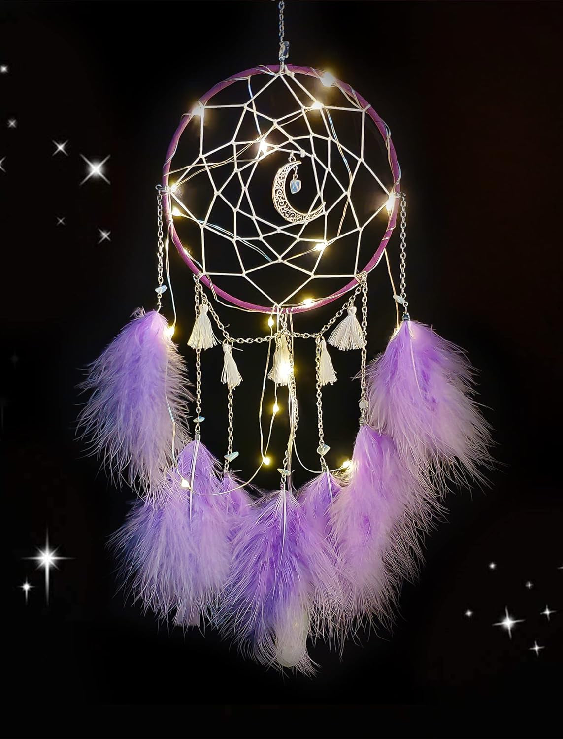 Purple Dream Catchers, Room Nursery Decor for Girls Boys, Handmade Feather Wall Decor with Lights, Home Ornaments Craft Gift for Bedroom