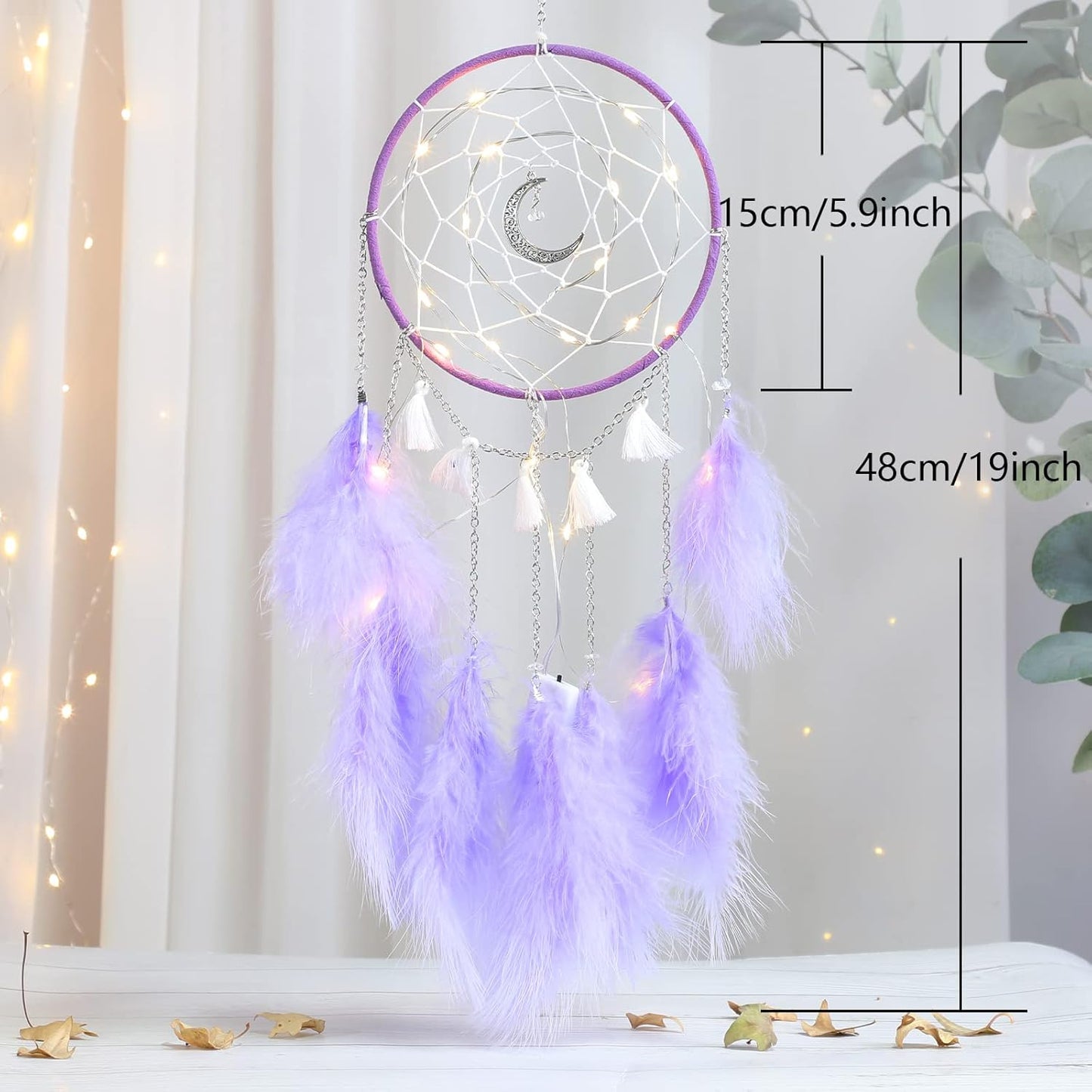 Purple Dream Catchers, Room Nursery Decor for Girls Boys, Handmade Feather Wall Decor with Lights, Home Ornaments Craft Gift for Bedroom