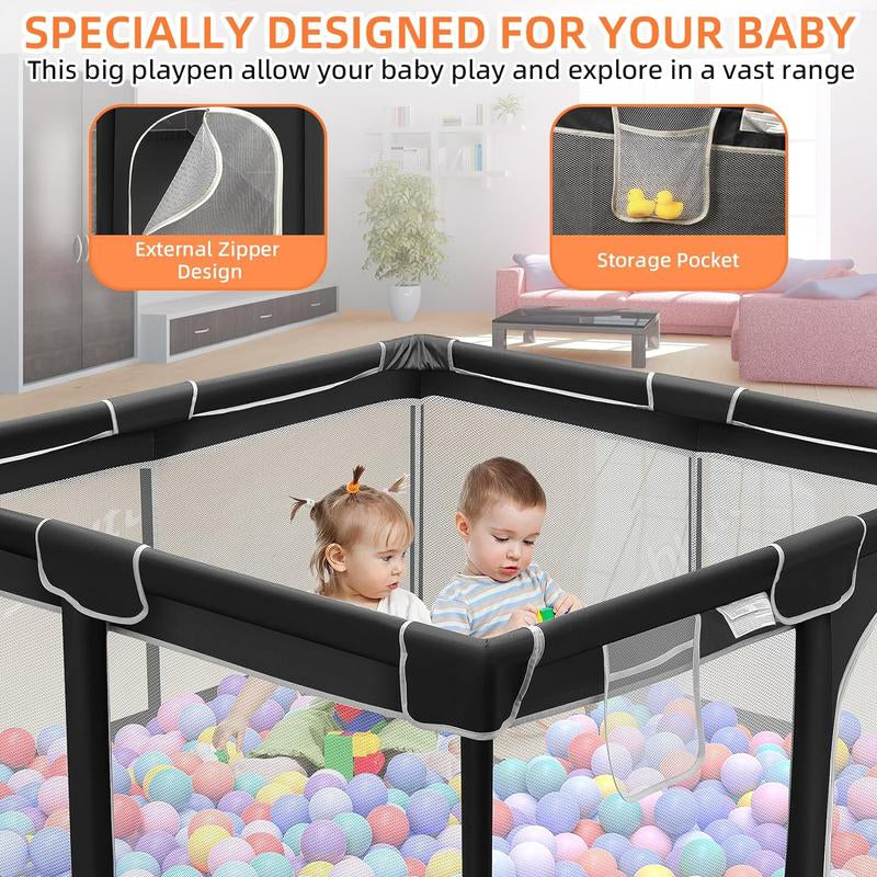 Baby Playpen, Sturdy & Safe Playard with Soft Breathable Mesh for Indoor & Outdoor Use, Portable Baby Fence for Babies & Toddlers,Gift,Black