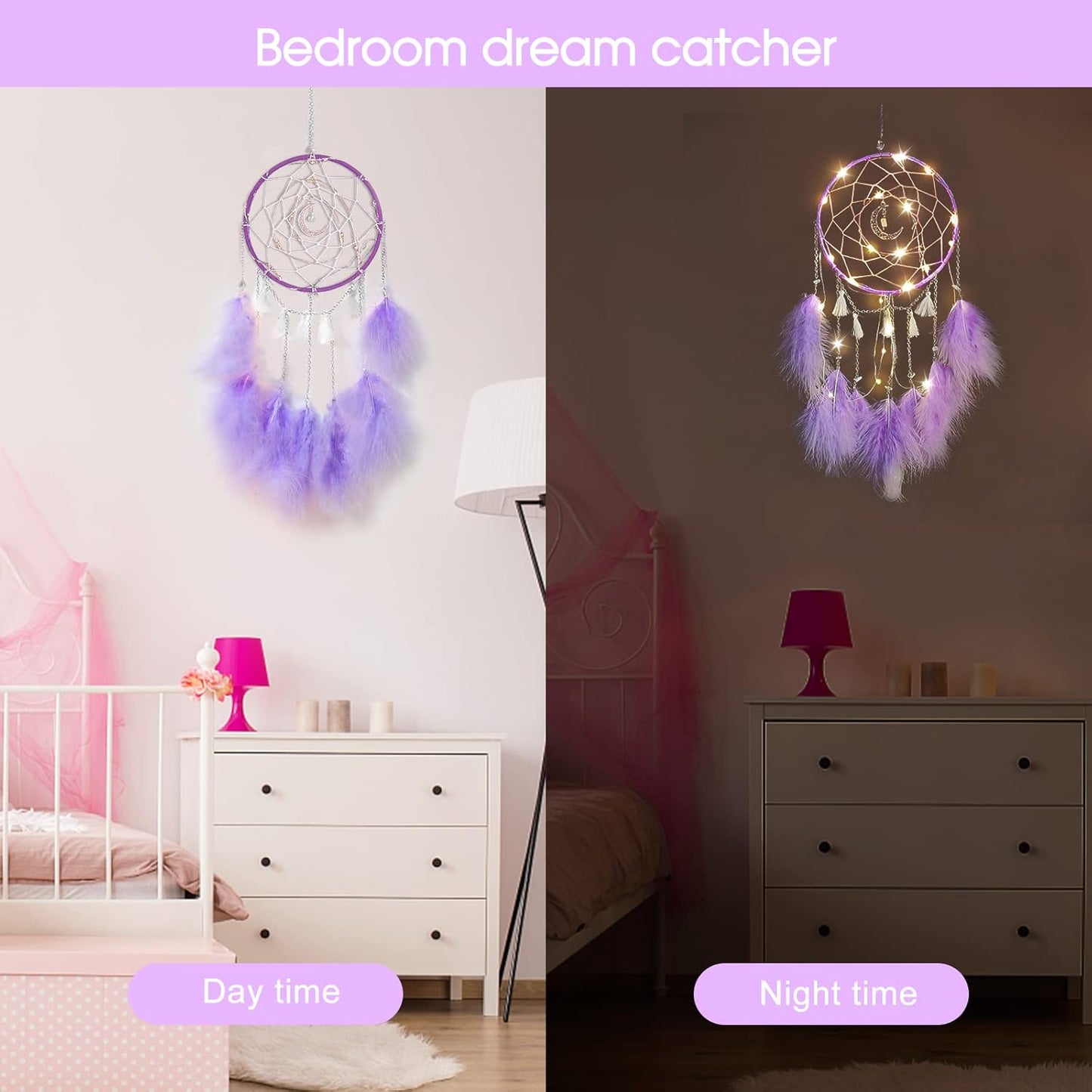 Purple Dream Catchers, Room Nursery Decor for Girls Boys, Handmade Feather Wall Decor with Lights, Home Ornaments Craft Gift for Bedroom