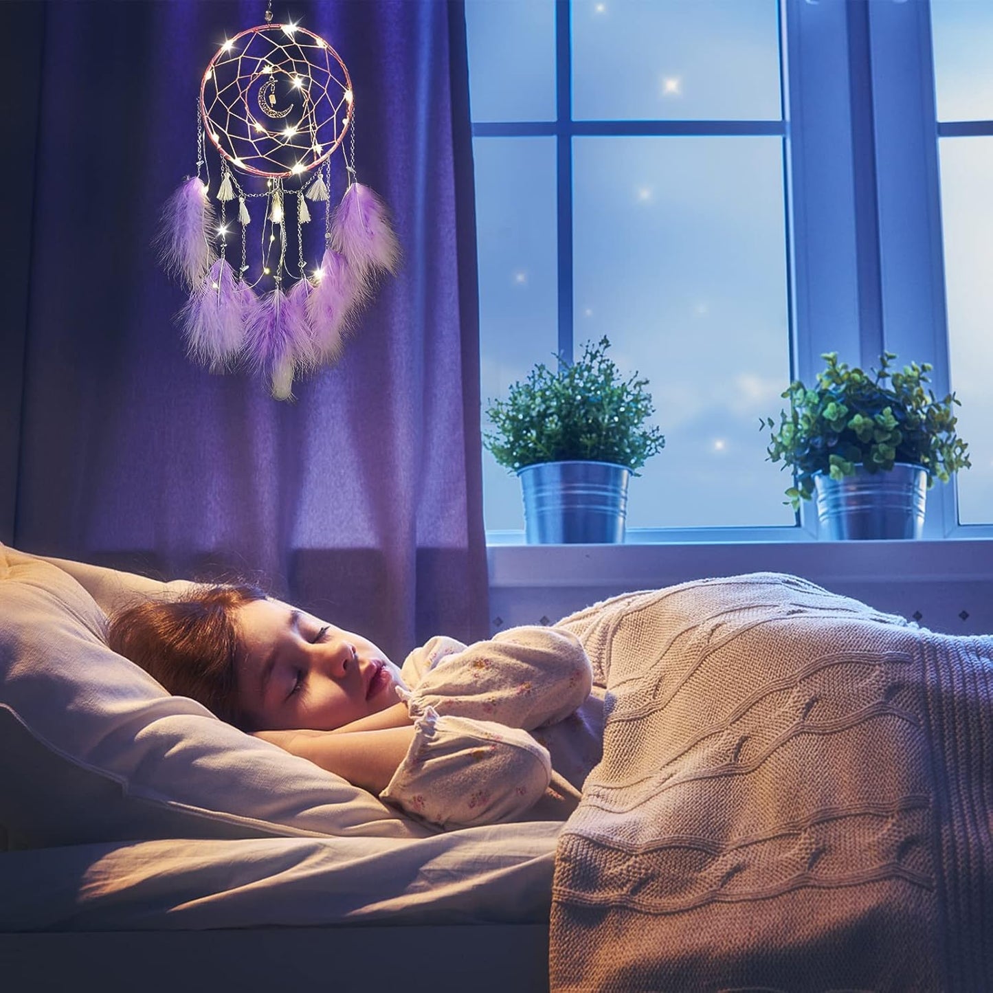 Purple Dream Catchers, Room Nursery Decor for Girls Boys, Handmade Feather Wall Decor with Lights, Home Ornaments Craft Gift for Bedroom