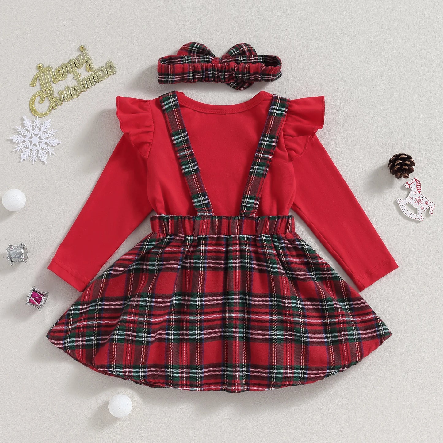 0-18M Christmas Newborn Infant Baby Girl Clothes Sets Knit Red Romper Deer Plaid Skirts Headban Xmas Outfits Costume D05