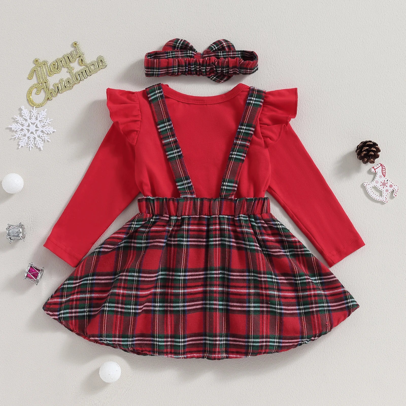 0-18M Christmas Newborn Infant Baby Girl Clothes Sets Knit Red Romper Deer Plaid Skirts Headban Xmas Outfits Costume D05