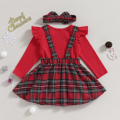 0-18M Christmas Newborn Infant Baby Girl Clothes Sets Knit Red Romper Deer Plaid Skirts Headban Xmas Outfits Costume D05