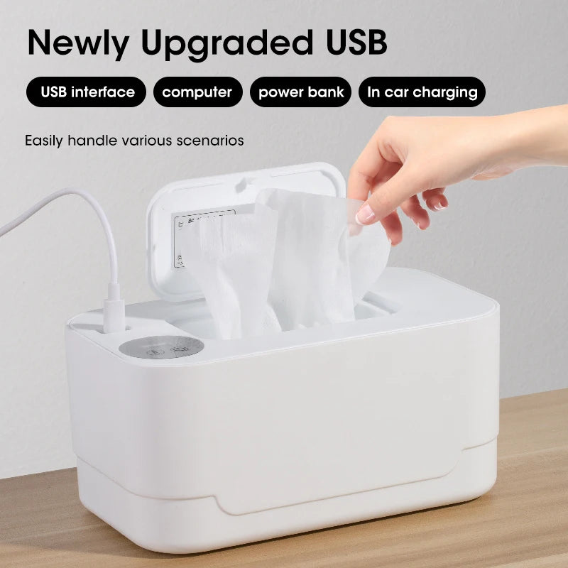 Portable Baby Wipe Warmer with LED Display, USB Charging & Auto Dispenser for Home and Car Use