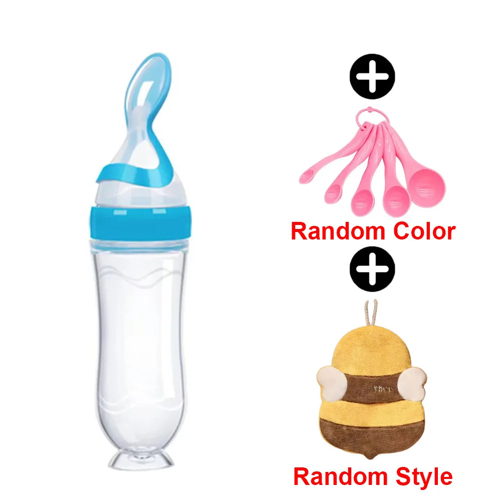 Infant Baby Squeezing Feeding Spoon Baby Silicone Baby Feeding Vegetable Fruit Bottle Baby Dish Scale Spoon & Hand Towel Set
