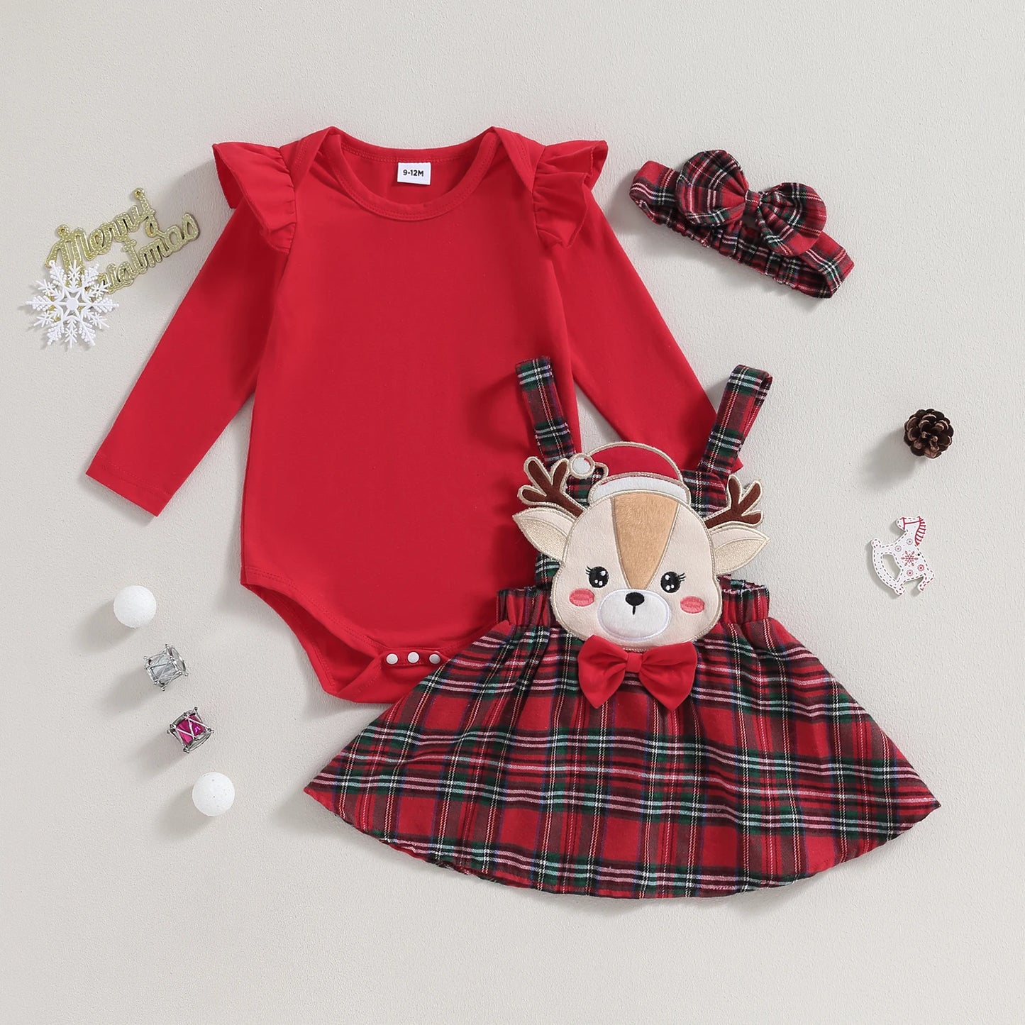 0-18M Christmas Newborn Infant Baby Girl Clothes Sets Knit Red Romper Deer Plaid Skirts Headban Xmas Outfits Costume D05
