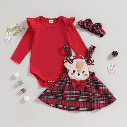 0-18M Christmas Newborn Infant Baby Girl Clothes Sets Knit Red Romper Deer Plaid Skirts Headban Xmas Outfits Costume D05
