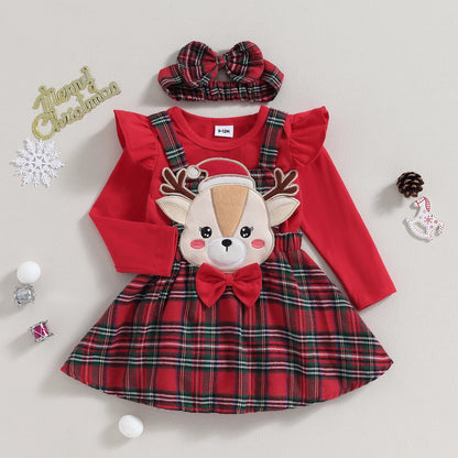 0-18M Christmas Newborn Infant Baby Girl Clothes Sets Knit Red Romper Deer Plaid Skirts Headban Xmas Outfits Costume D05