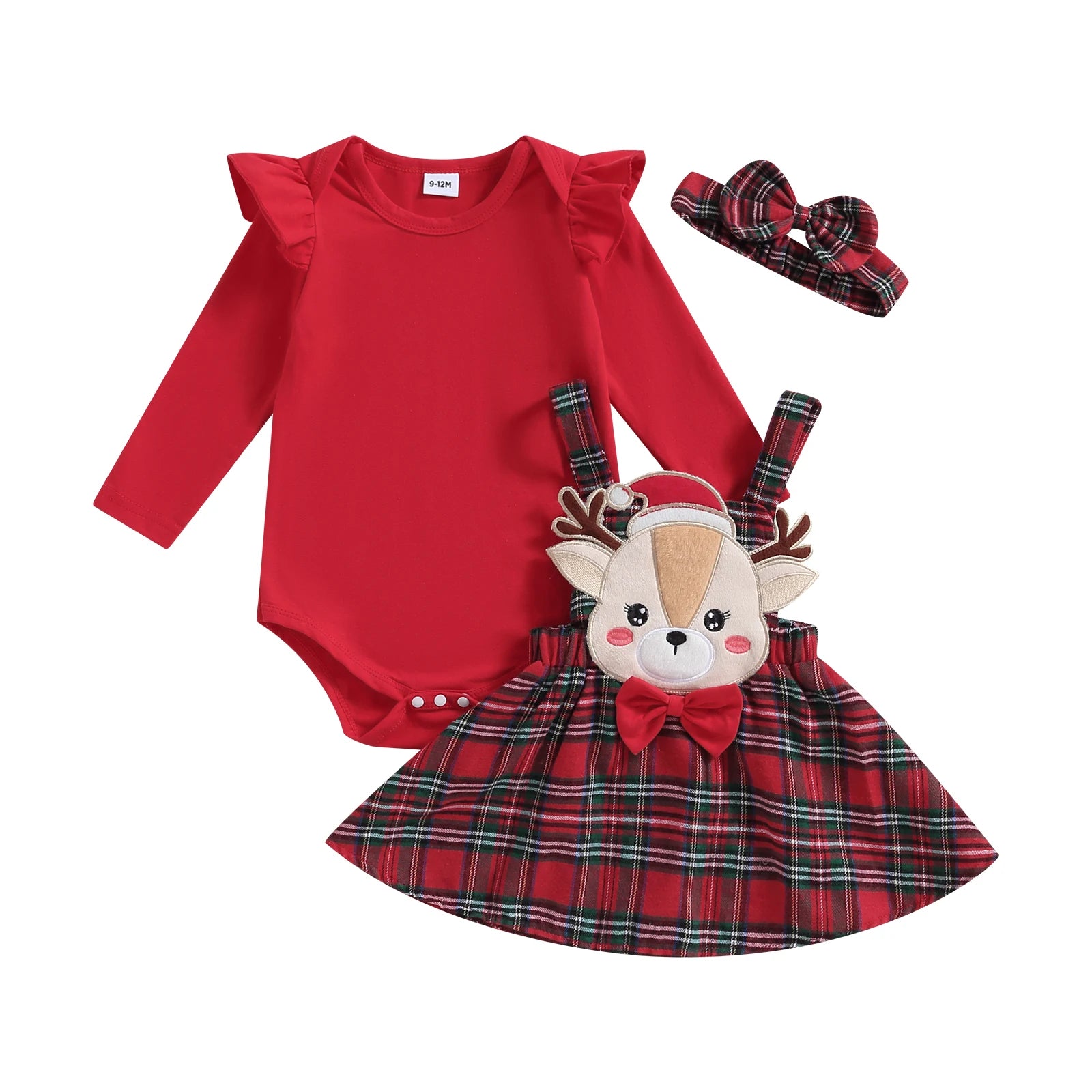 0-18M Christmas Newborn Infant Baby Girl Clothes Sets Knit Red Romper Deer Plaid Skirts Headban Xmas Outfits Costume D05